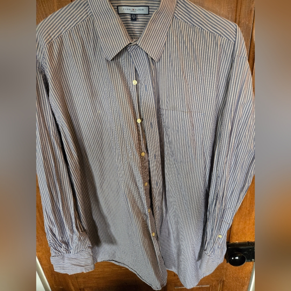 Vintage Tommy Hilfiger Classic Blue Striped Men's Dress/Casual Button-down Shirt